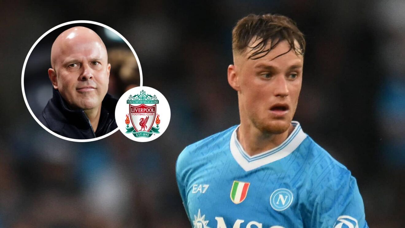 Arne Slot, Liverpool badge and Napoli defender Sam Beukema - copyright F365