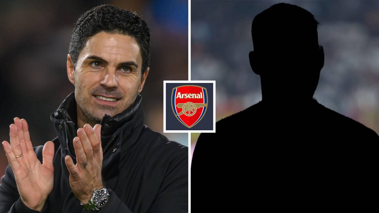 Split image of Arsenal manager Mikel Arteta and a shadow with the Arsenal badge in between - copyright F365