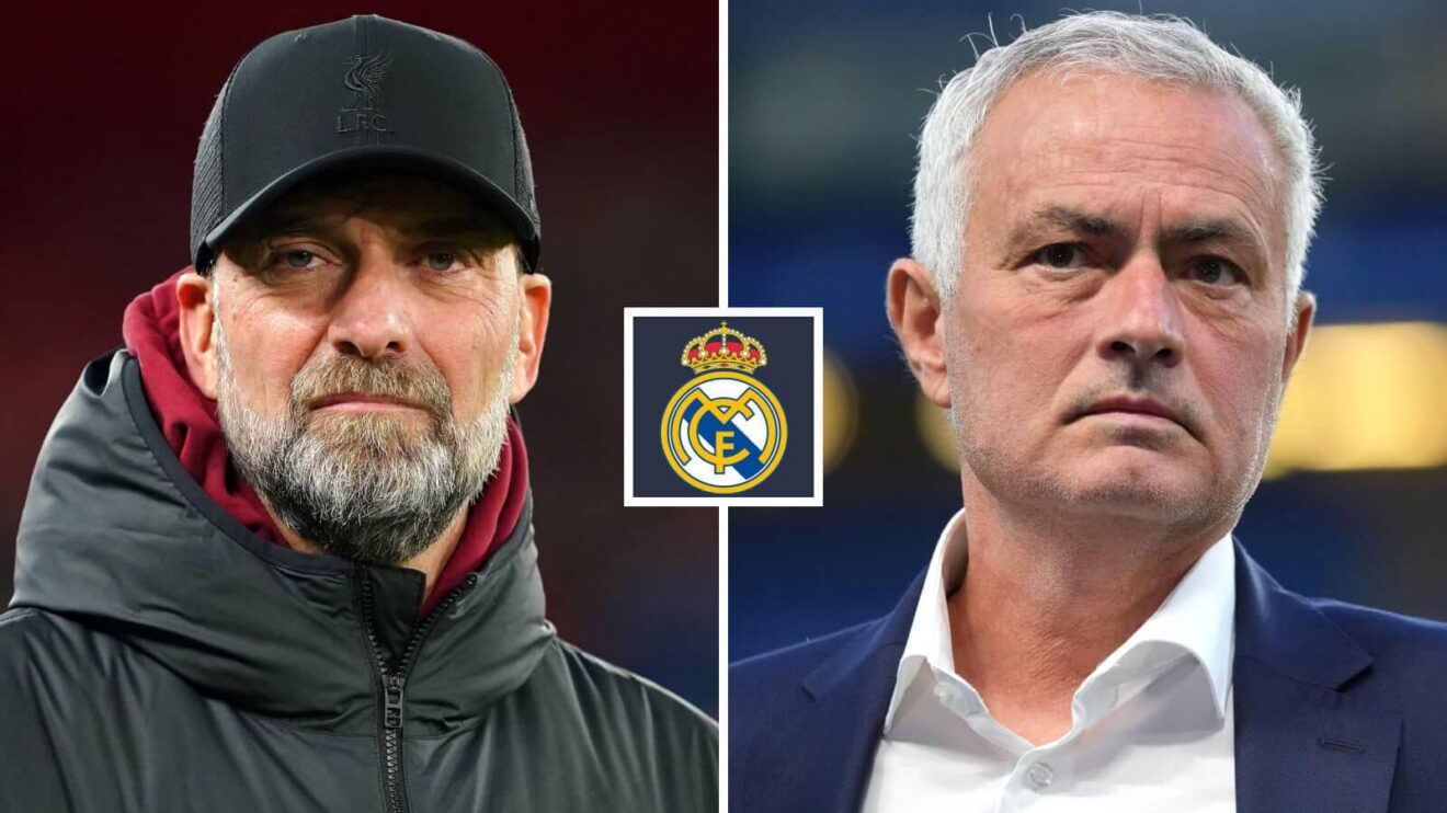 Split image of Jurgen Klopp and Jose Mourinho with the Real Madrid badge in between - copyright F365