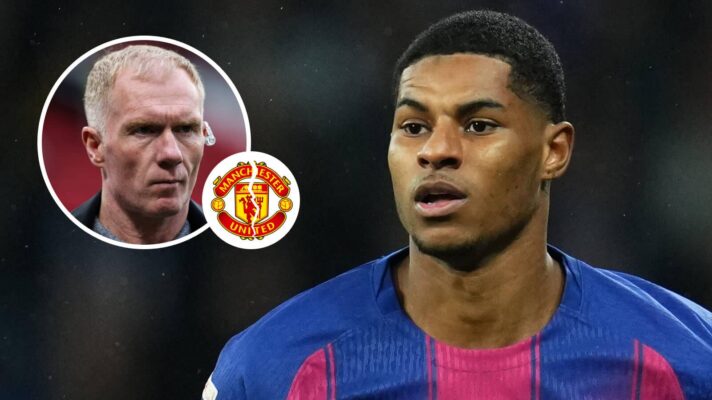 Paul Scholes, Manchester United badge and Marcus Rashford in a Barcelona shirt - copyright F365