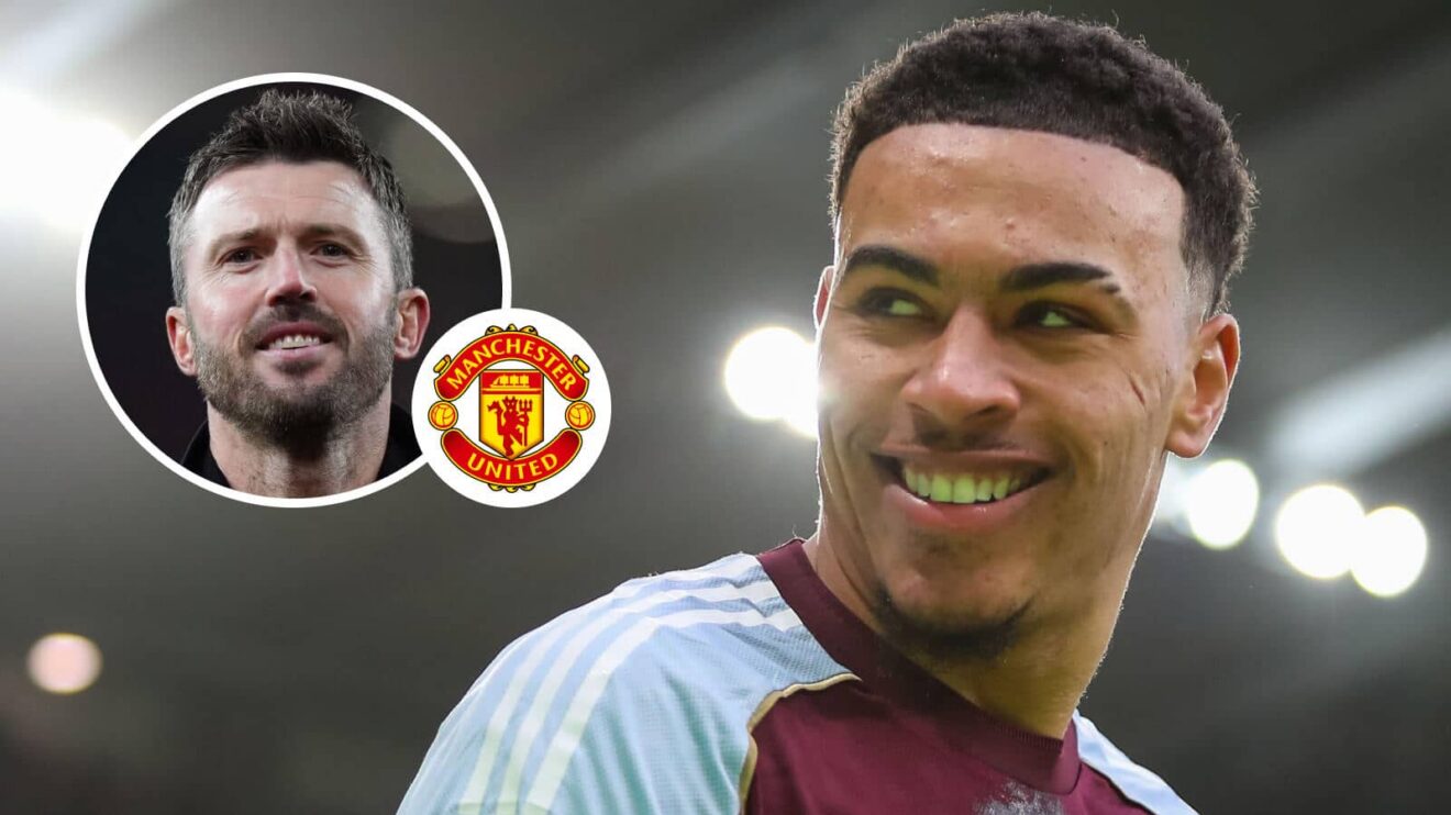 Michael Carrick, Manchester United badge and Morgan Rogers in an Aston Villa shirt - copyright F365