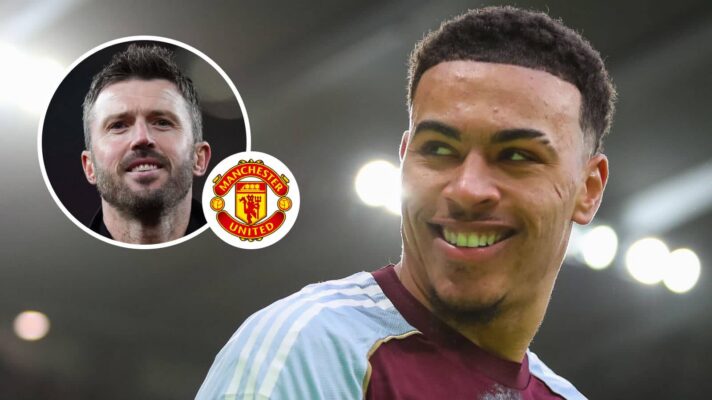 Michael Carrick, Manchester United badge and Morgan Rogers in an Aston Villa shirt - copyright F365