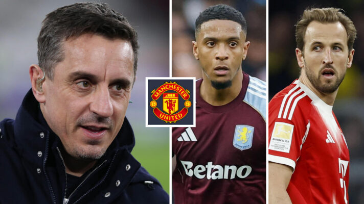 Man Utd legend Gary Neville with Harry Kane and Ezri Konsa