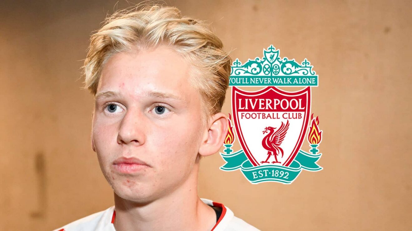 Fredrikstad FK midfielder Eirik Granaas next to the Liverpool badge - F365