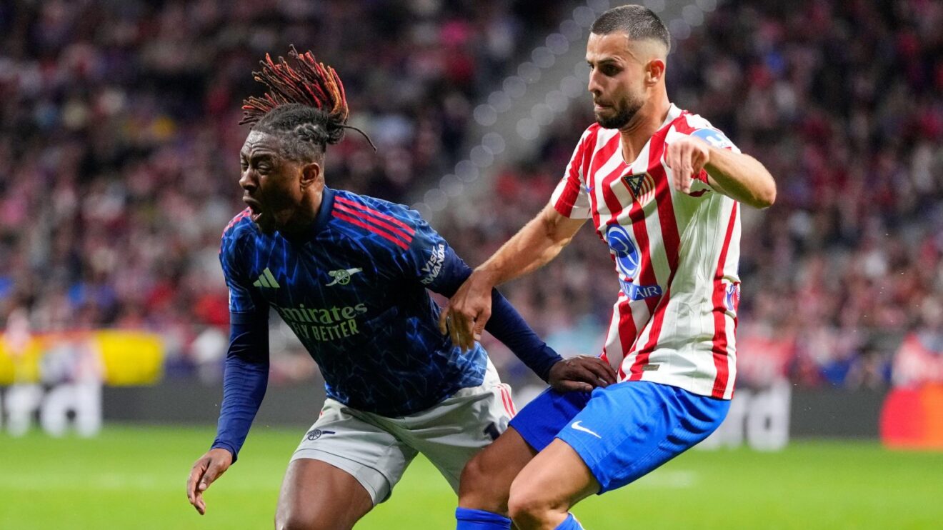 Eberechi Eze takes a tumble v Atletico