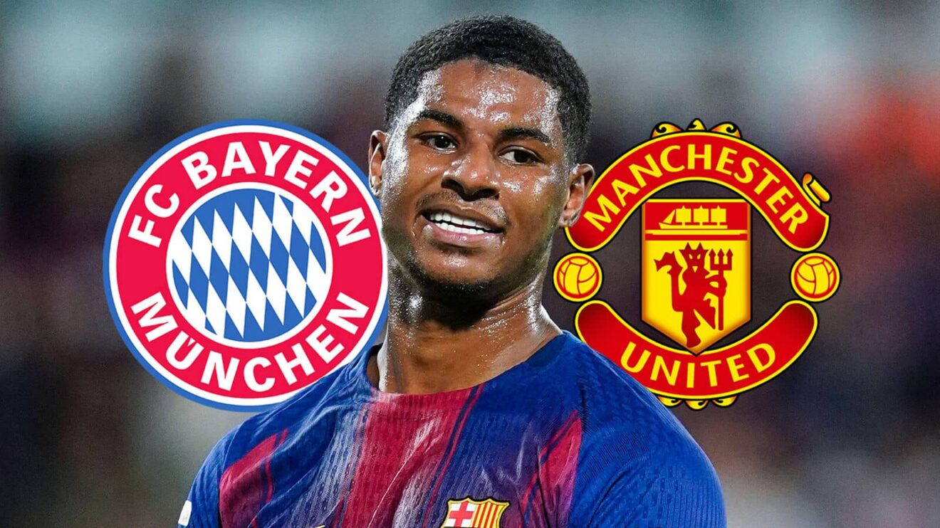 Bayern Munich badge, Marcus Rashford in a Barcelona badge and Manchester United badge - copyright F365