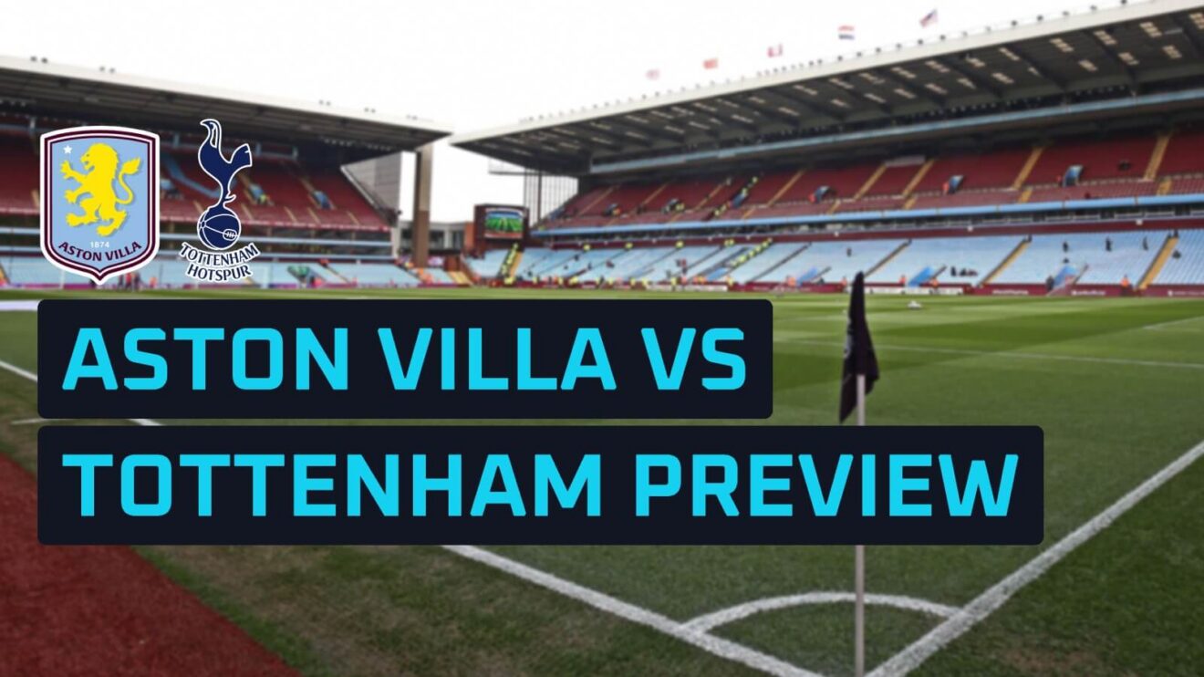 Aston Villa and Tottenham badges on a backdrop of Villa Park
