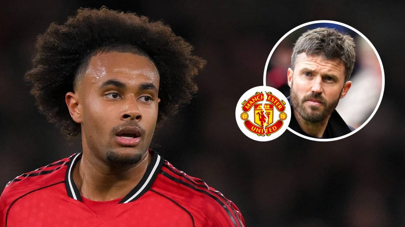 Manchester United forward Joshua Zirkzee, cracked Manchester United badge and Michael Carrick - copyright F365
