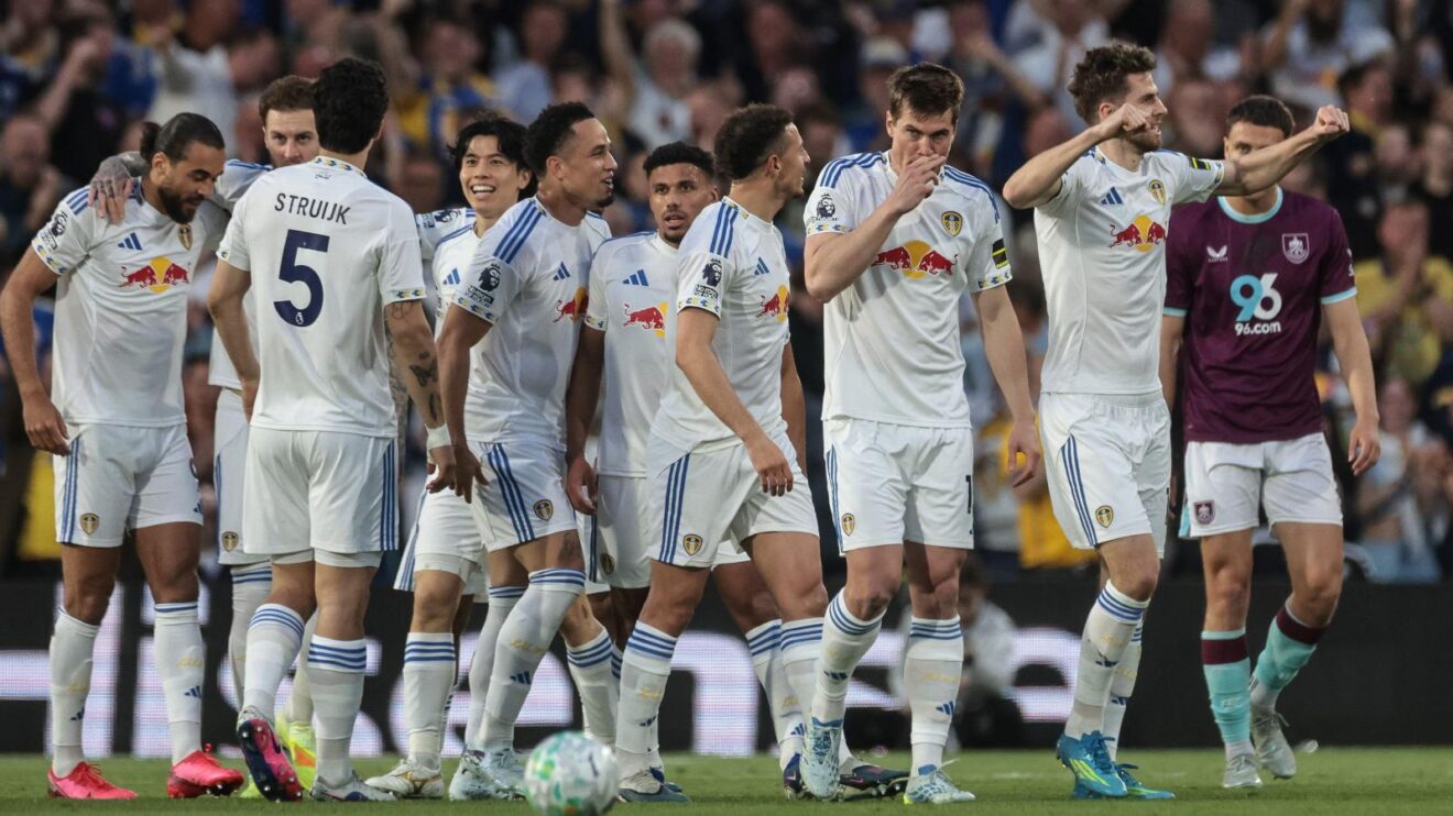 Leeds players celebrate Anton Stach's goal against Burnley