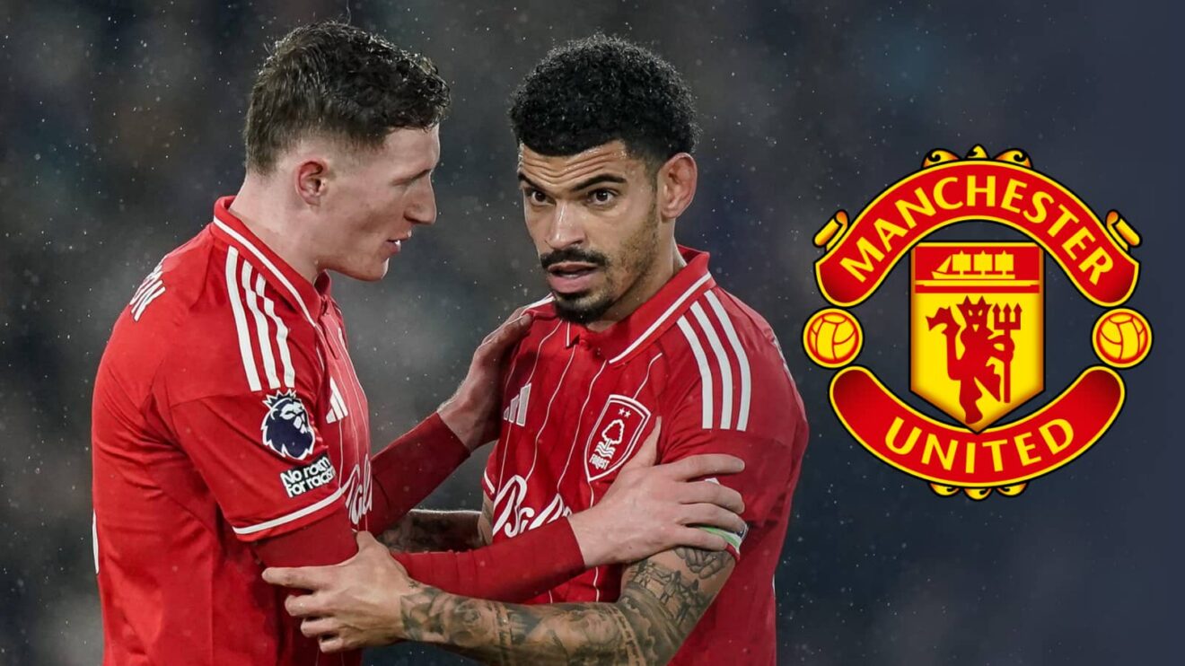 Elliot Anderson, Morgan Gibbs-White with Man Utd badge - copyright F365