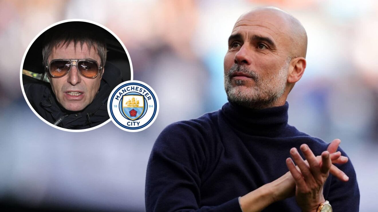 Liam Gallagher, Manchester City badge and Pep Guardiola - copyright F365