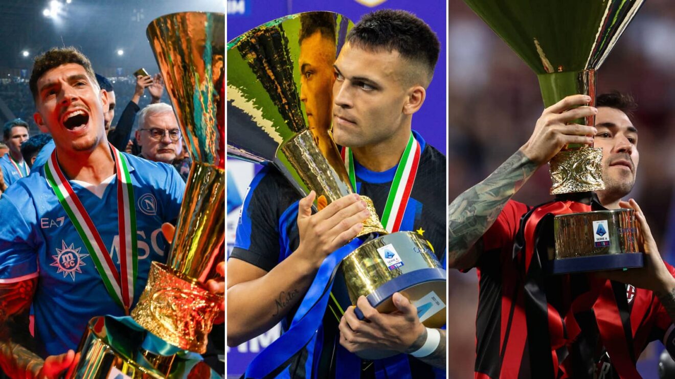 Napoli, Inter and AC Milan players with the Serie A trophy