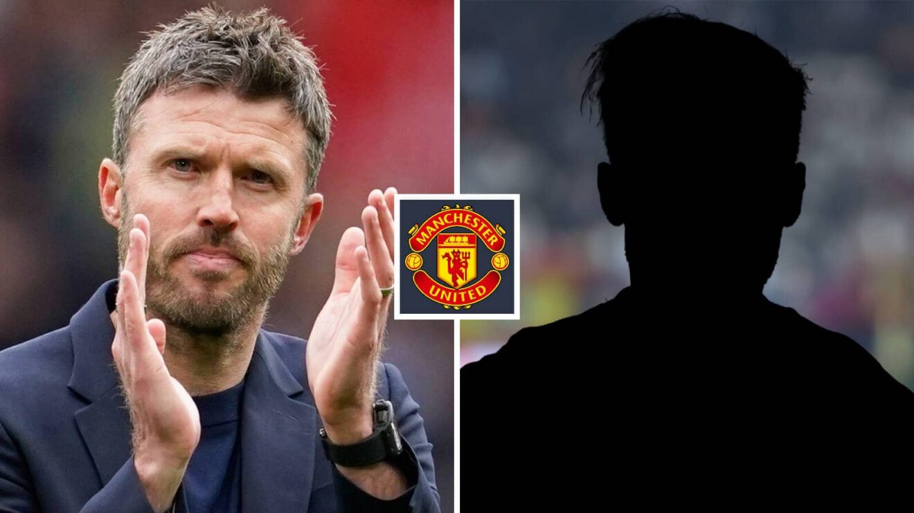 Split image of Manchester United interim manager Michael Carrick with the Manchester United badge in between - copyright F365
