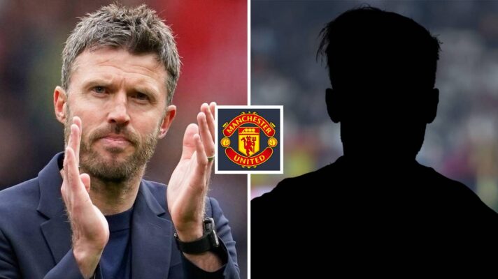 Split image of Manchester United interim manager Michael Carrick with the Manchester United badge in between - copyright F365