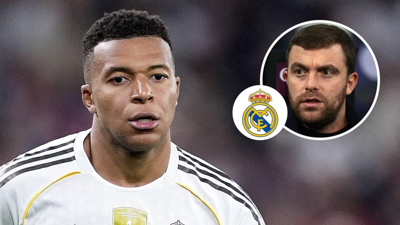 Real Madrid striker Kylian Mbappe, Real Madrid badge and Fabrizio Romano - copyright F365