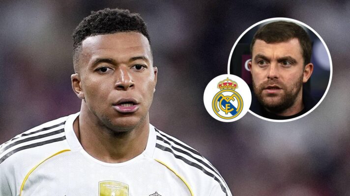 Real Madrid striker Kylian Mbappe, Real Madrid badge and Fabrizio Romano - copyright F365