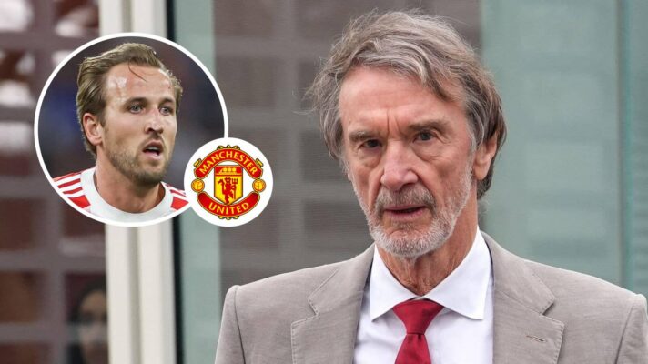 Bayern Munich striker Harry Kane, Manchester United badge and Manchester United co-owner Sir Jim Ratcliffe - copyright F365