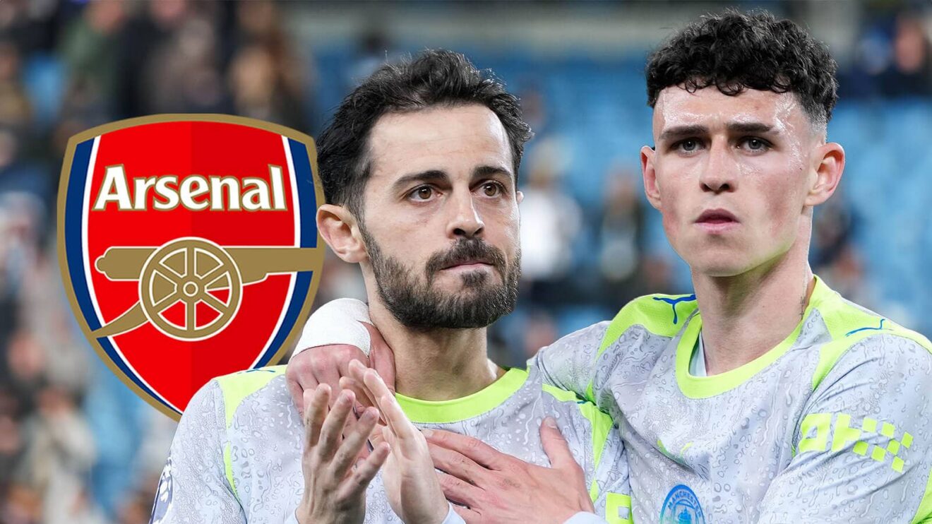 Arsenal badge and Manchester Metropolis duo Bernardo Silva and Phil Foden - copyright F365
