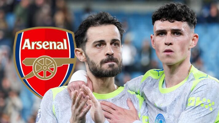Arsenal badge and Manchester City duo Bernardo Silva and Phil Foden - copyright F365