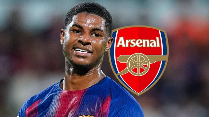 Manchester United-owned Barcelona winger Marcus Rashford next to the Arsenal badge - copyright F365