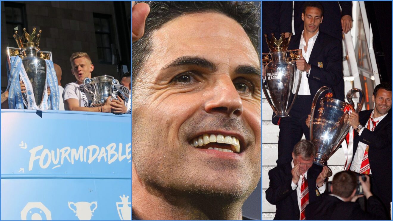 Arsenal manager Mikel Arteta, centre, next to Manchester City and Man Utd with trophies