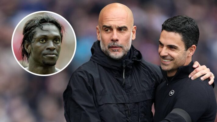 Emmanuel Adebayor, Manchester City manager Pep Guardiola and Arsenal manager Mikel Arteta - copyright F365