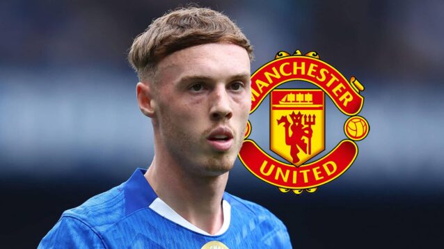 Chelsea star Cole Palmer and a Manchester United badge - copyright F365