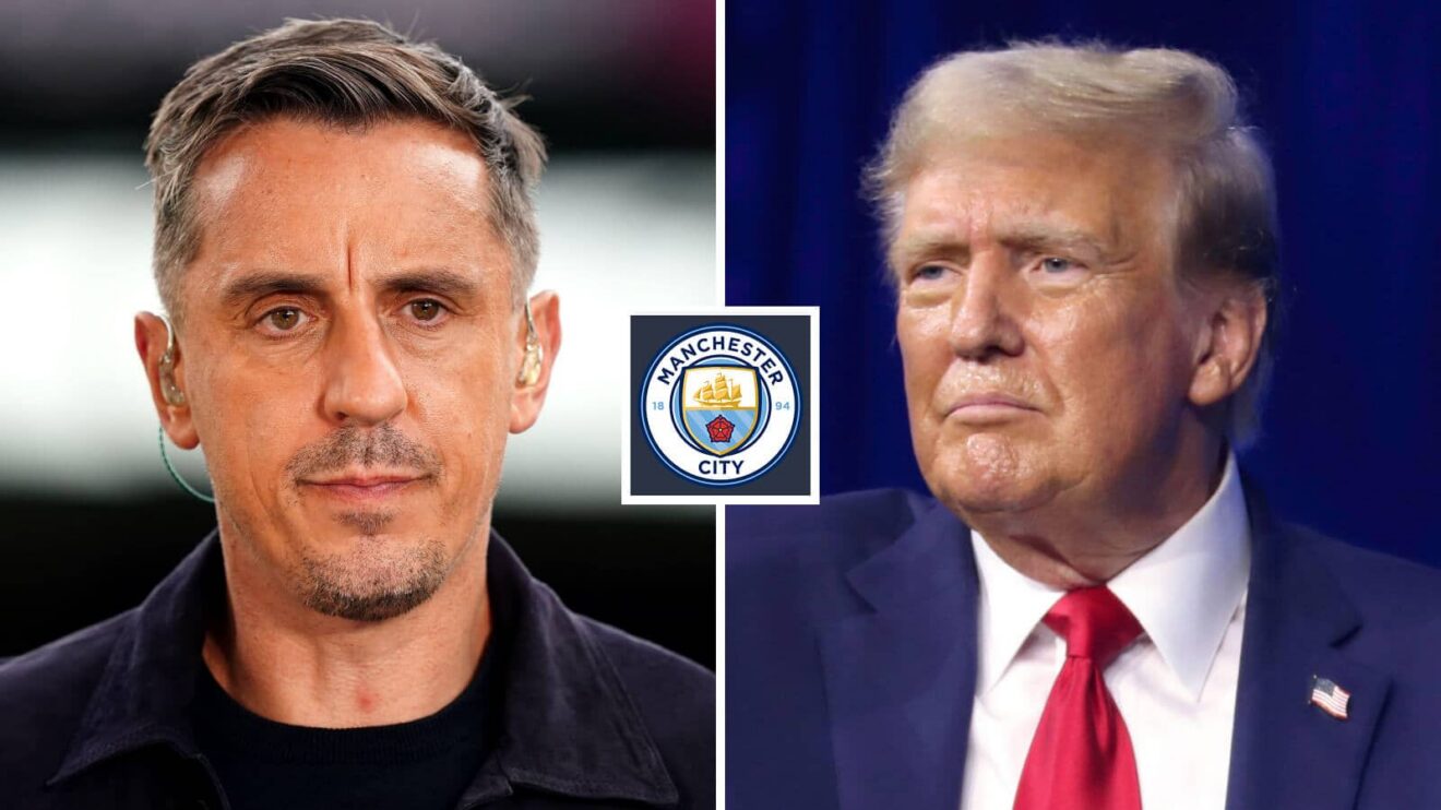 Suspension image of Manchester United legend Gary Neville and USA head of say Donald Trump, through the Manchester Metropolis badge in in between - copyright F365