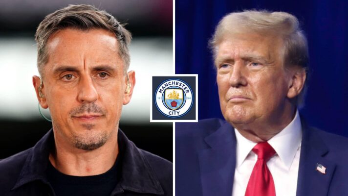 Split image of Manchester United legend Gary Neville and USA president Donald Trump, with the Manchester City badge in between - copyright F365