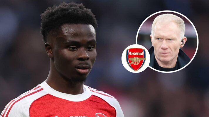 Arsenal winger Bukayo Saka, Arsenal badge and Paul Scholes - copyright F365