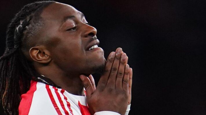 Arsenal forward Eberechi Eze reacts against Atletico Madrid