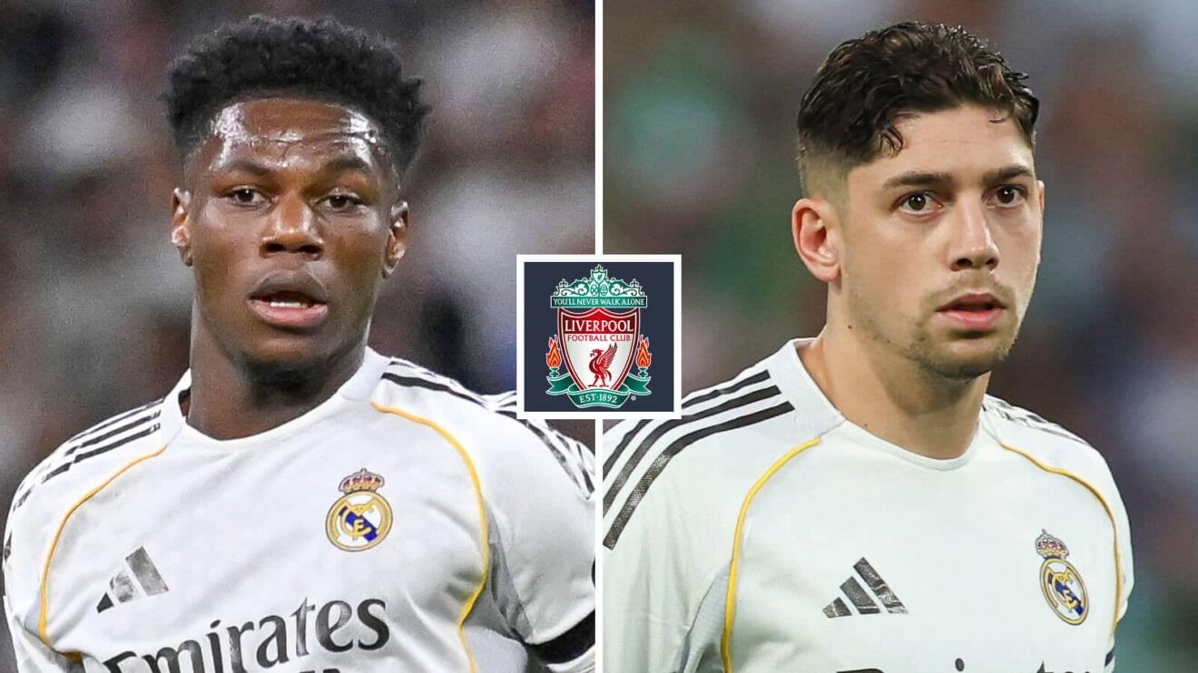 Split image of Real Madrid duo Aurélien Tchouaméni and Federico Valverde and the Liverpool badge in between - copyright F365