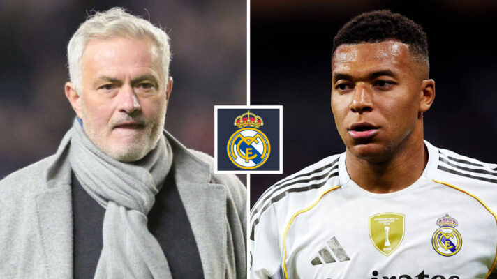 Split image of Benfica manager Jose Mourinho and Real Madrid striker Kylian Mbappe with the Real Madrid badge in between - copyright F365