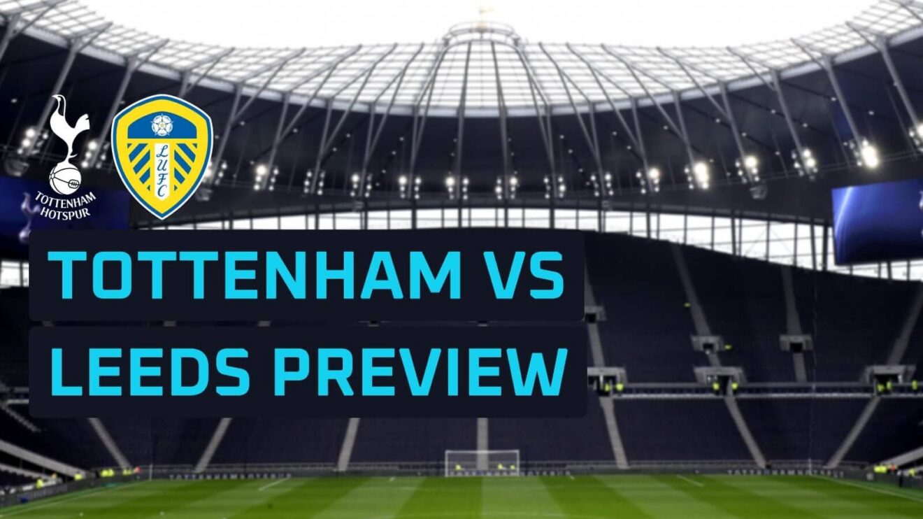 Tottenham and Leeds badges on a backdrop of the Tottenham Hotspur Stadium