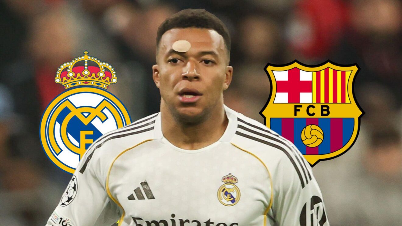 Kylian Mbappe with Real Madrid and Barcelona badges