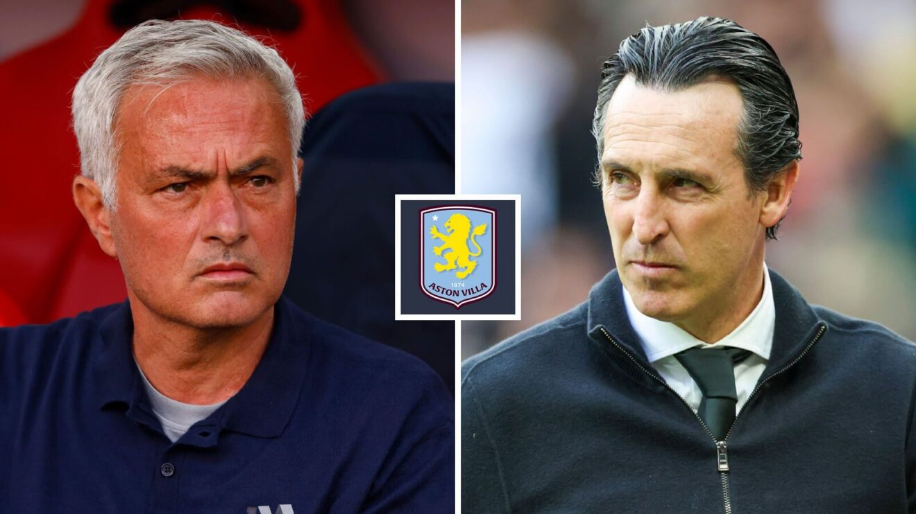 Jose Mourinho and Unai Emery with Aston Villa's badge.