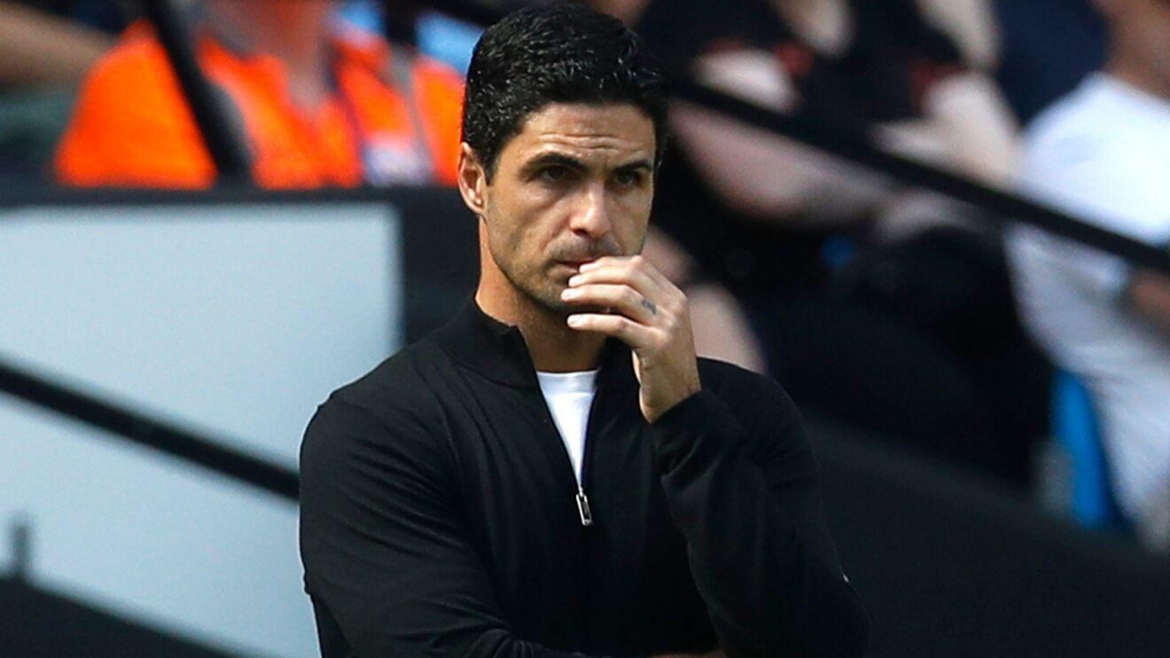 Mikel Arteta watches Man City humiliate his Arsenal side in 2021.