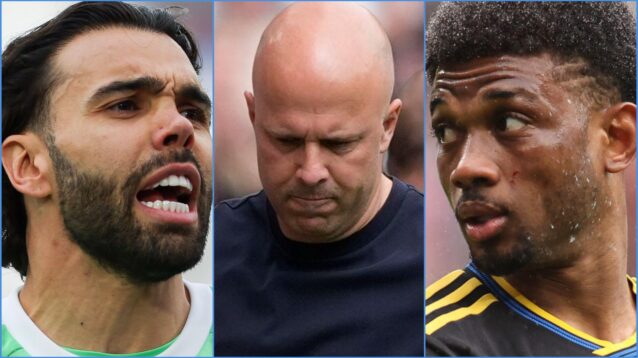 Arsenal keeper David Raya, Liverpool coach Arne Slot and Manchester United player Amad