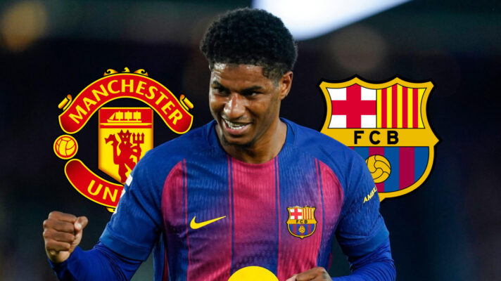 Manchester United badge, Marcus Rashford and Barcelona badge - copyright F365