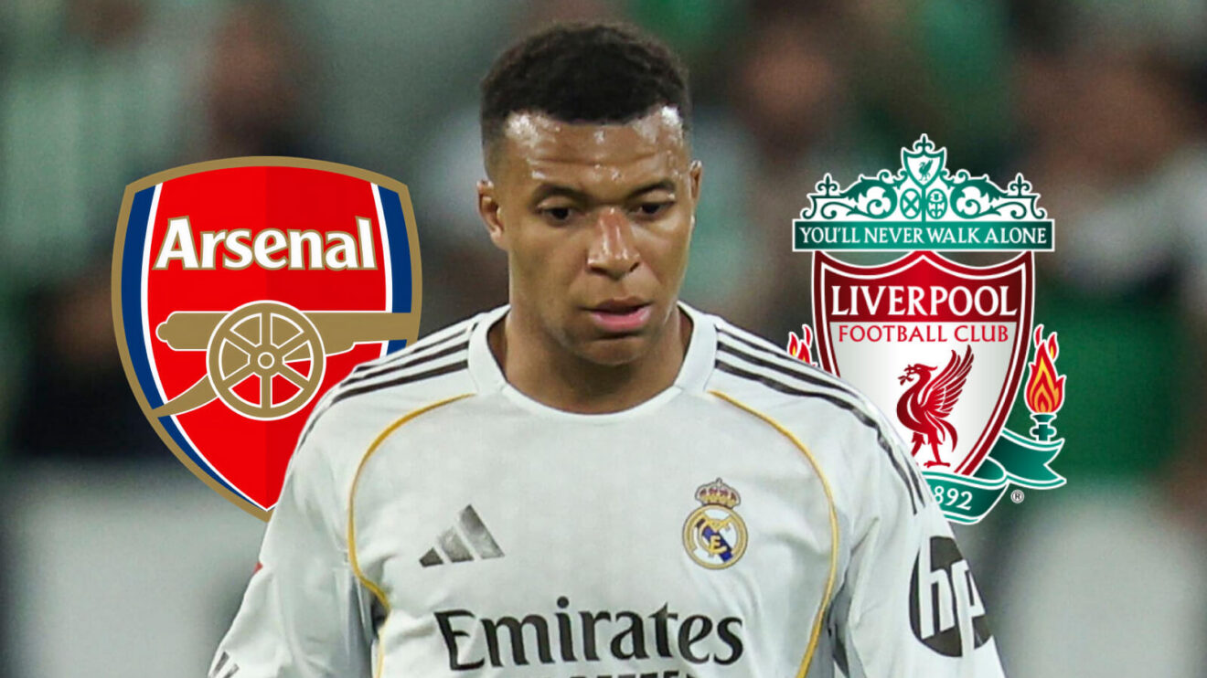 Collection badge, Real Madrid striker Kylian Mbappe as well as Liverpool badge - copyright F365