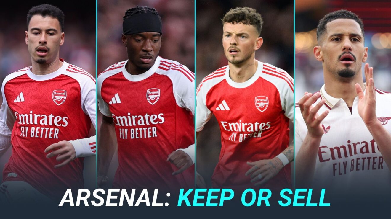 Gabriel Martinelli, Noni Madueke, Ben White and William Saliba with the text 'Arsenal: keep or sell'