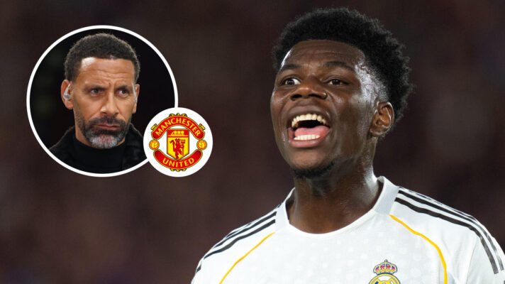 Rio Ferdinand, Manchester United badge and Real Madrid midfielder Aurelien Tchouameni - copyright F365