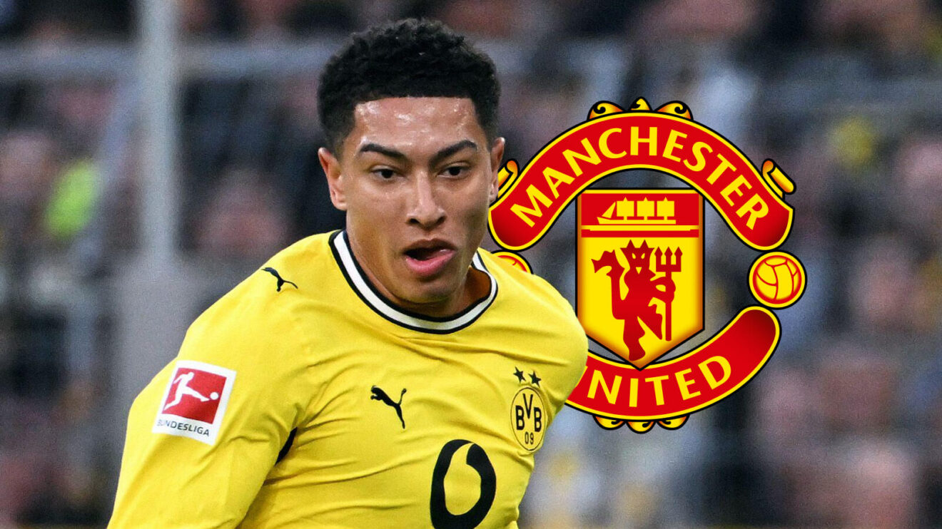 Borussia Dortmund midfielder Jobe Bellingham and Manchester United badge - copyright 365