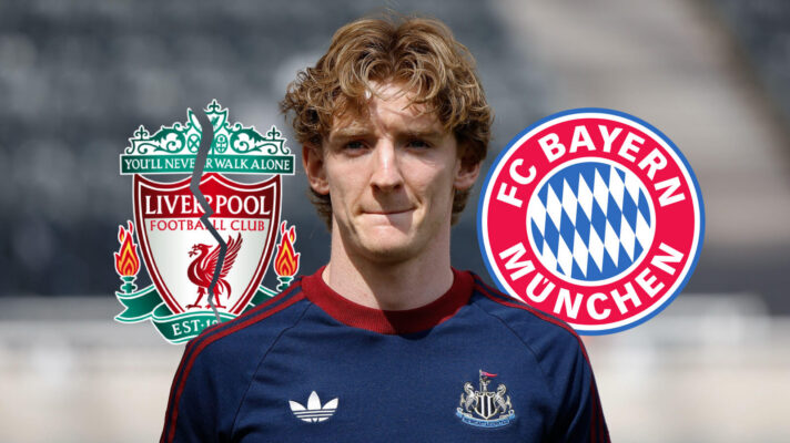Cracked Liverpool badge, Newcastle United winger Anthony Gordon and Bayern Munich badge - copyright F365