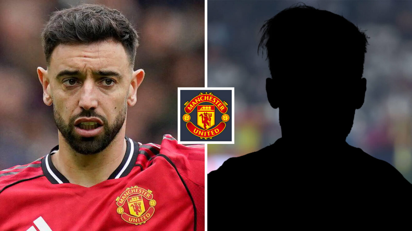 Split image of Bruno Fernandes and a shadow, with the Manchester United badge in between - copyright F365