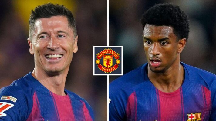 Robert Lewandowski and Alejandro Balde with Man Utd's badge.