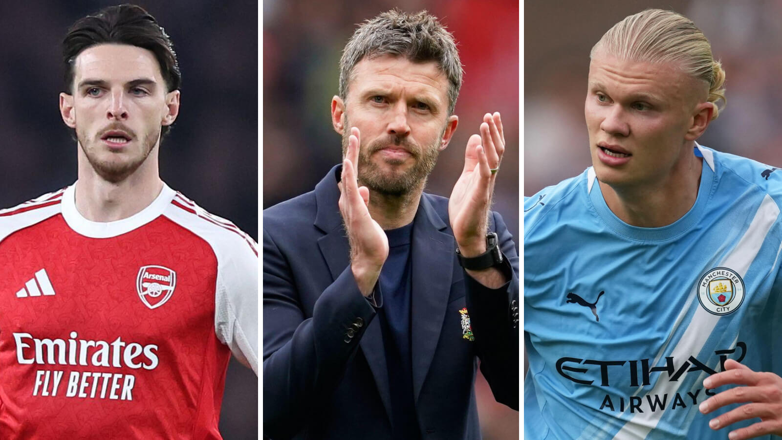 Three Images Collage Declan Rice Michael Carrick Erling Haaland