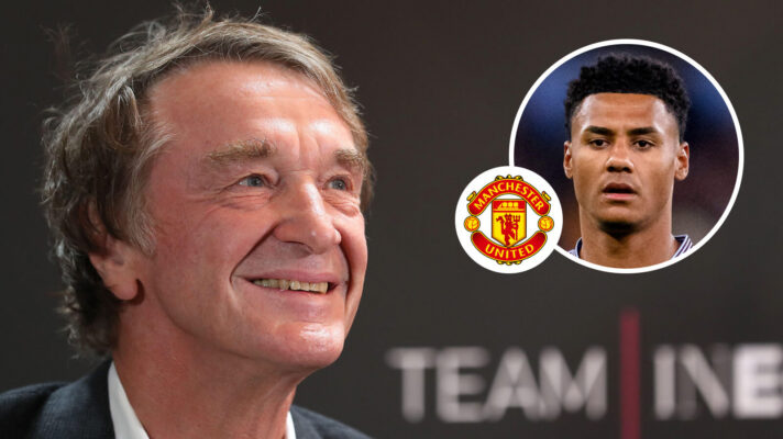 Manchester United co-owner Sir Jim Ratcliffe, Manchester United badge and Aston Villa striker Ollie Watkins - copyright F365