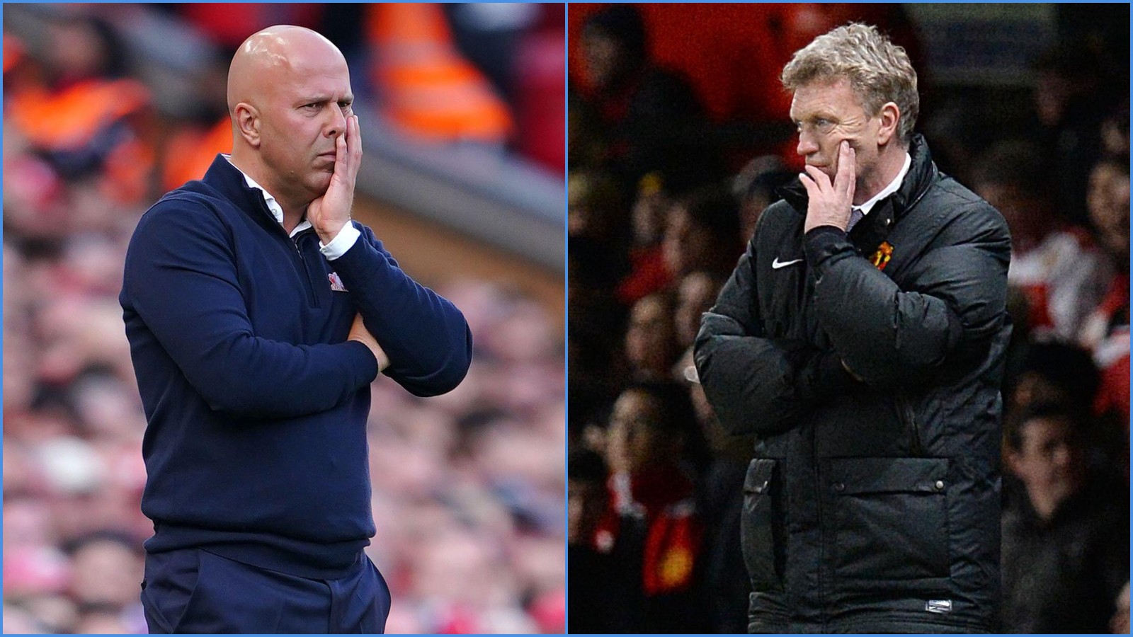 Liverpool coach Arne Slot and Manchester United manager David Moyes