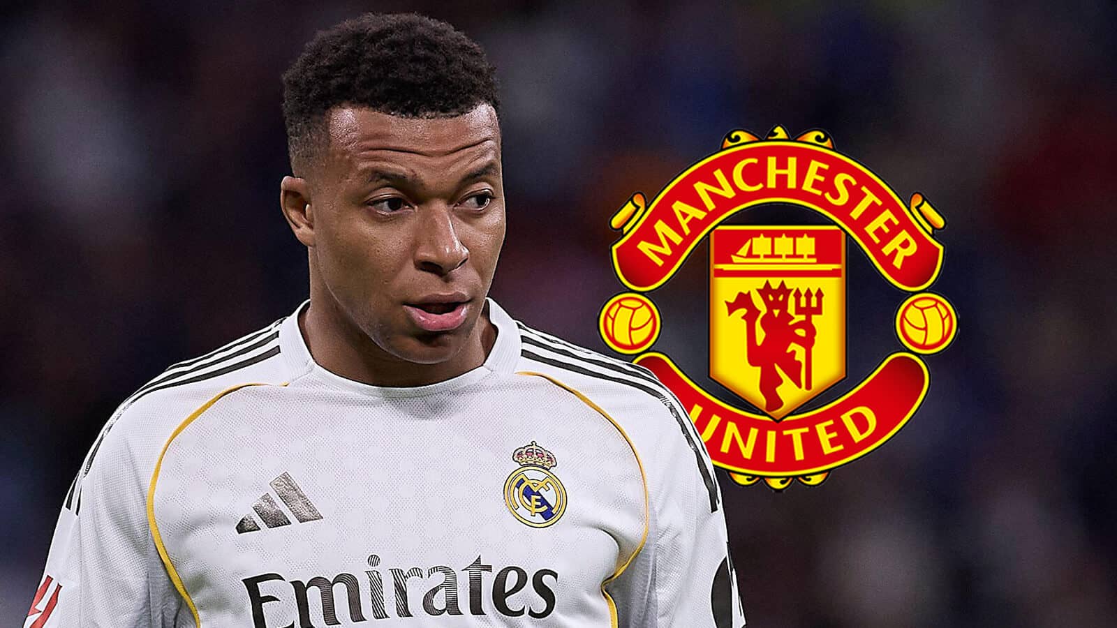 real madrid striker kylian mbappe and man utd badge